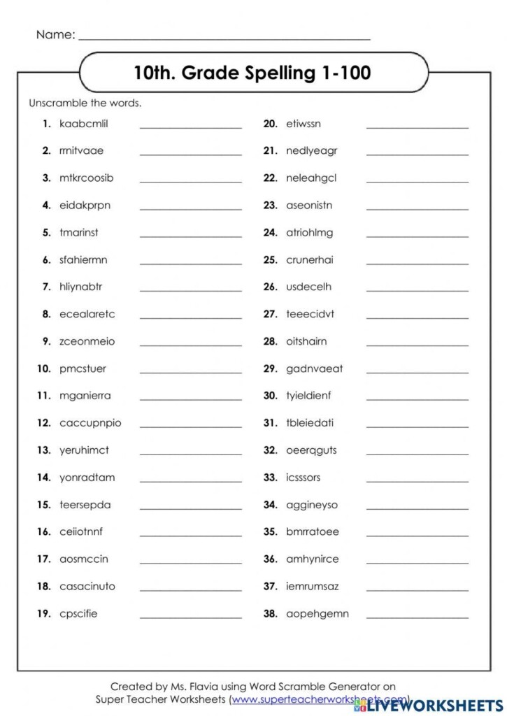 10th Grade Spelling Review 1 100 Worksheet Live Worksheets 