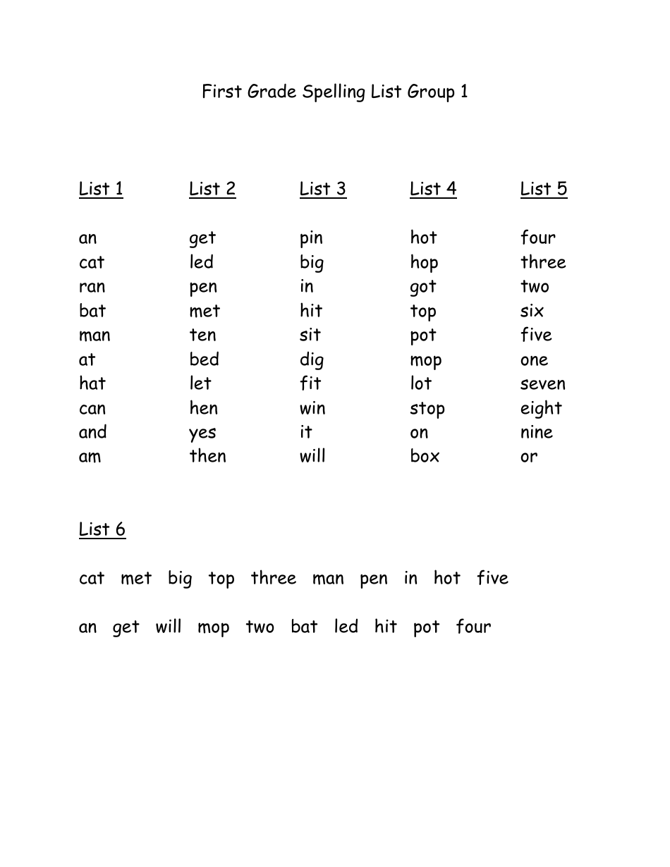 1St Grade Spelling Words Printable