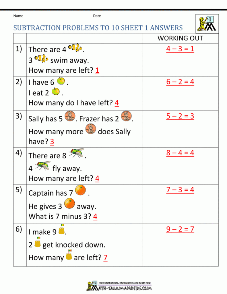1st Grade Subtraction Word Problems