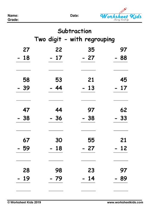 2 Digit Subtraction With Regrouping Worksheets Grade 2 3 Free Printable
