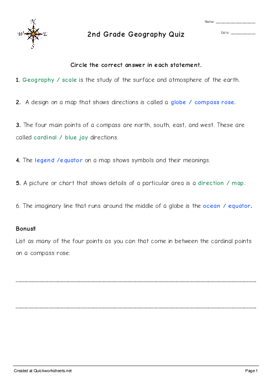 2nd Grade Geography Quiz Fully Customisable Worksheet Quickworksheets