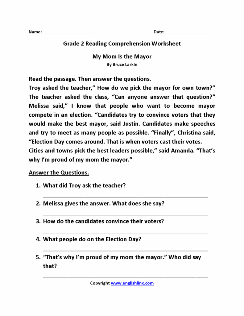 2nd Grade Reading Comprehension Worksheets Multiple Choice Printable 