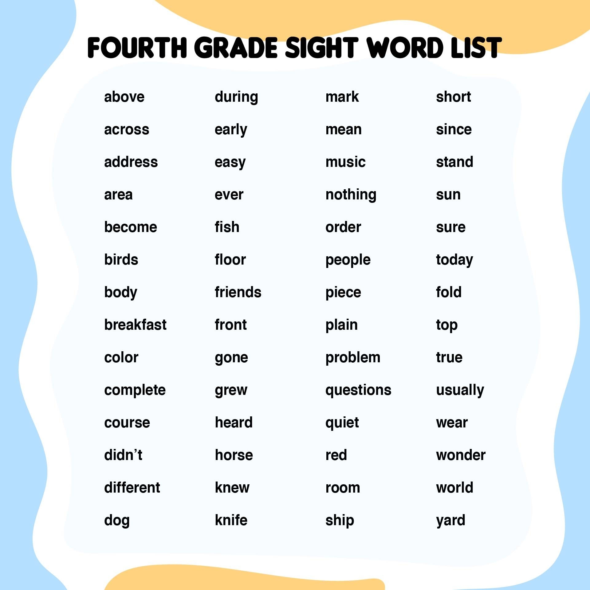 4th Grade Sight Words Printable Sight Words 4th Grade Sight Words