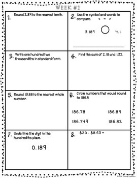 5th Grade Math Packet Printable