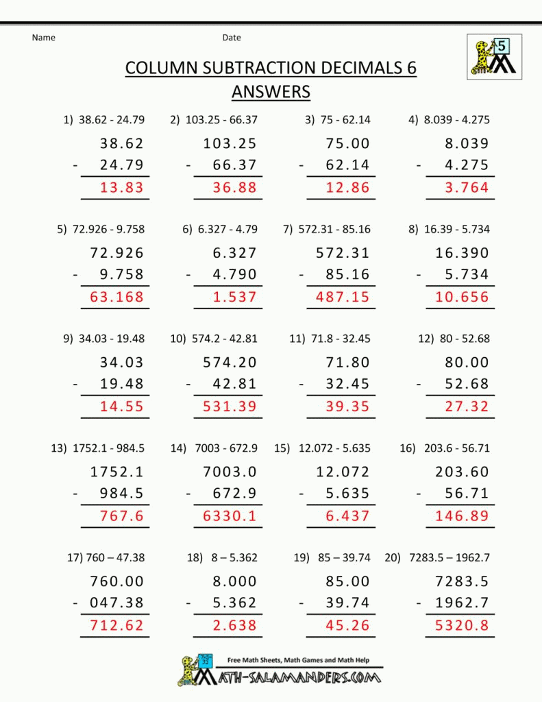 5Th Grade Math Practice Subtracing Decimals Printable 5Th Grade Math