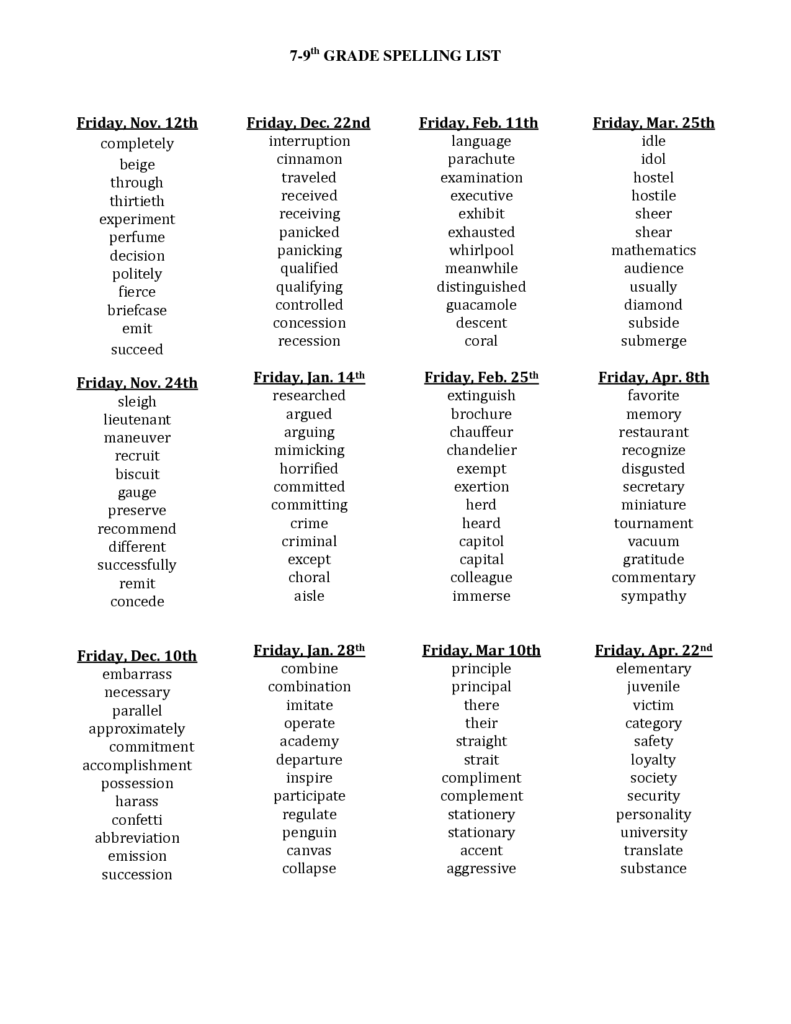 9Th Grade Spelling Bee Words Printable Calendars AT A GLANCE
