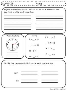 August Bell Work For 2nd Grade By Curriculum Craze TpT