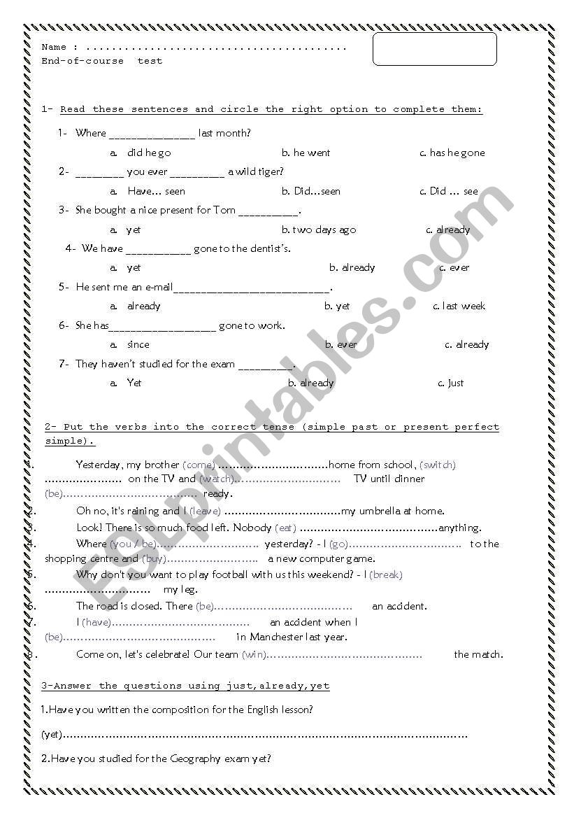 END OF COURSE TEST A2 B1 ESL Worksheet By Willetjo