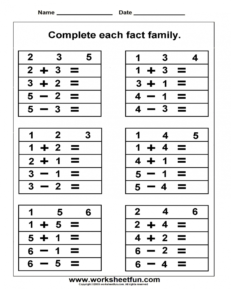 Fact Family Worksheets Printable Fact Family Worksheet Math 