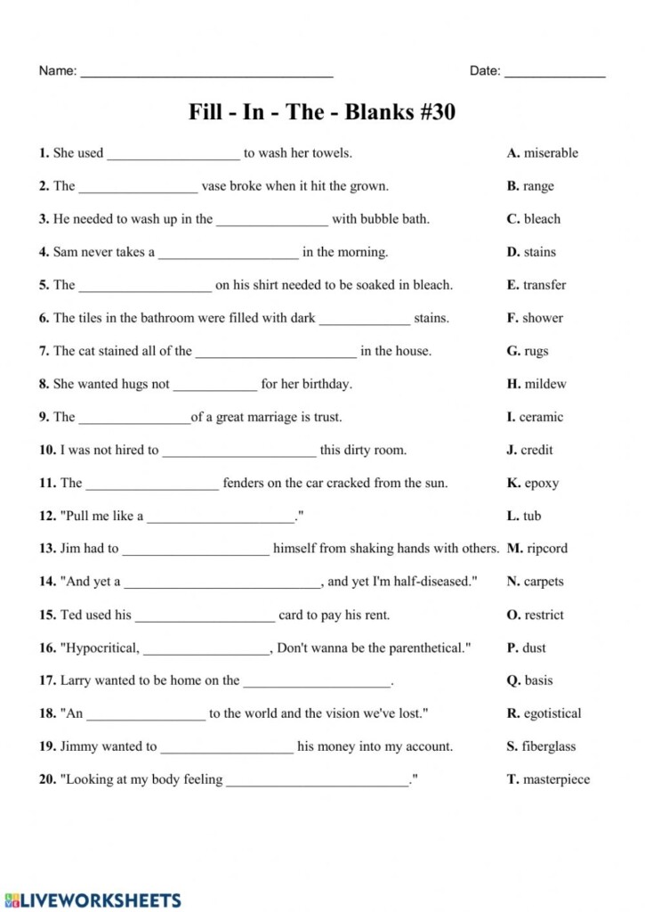 Fill In The Blanks 30 Worksheet Printable Worksheets