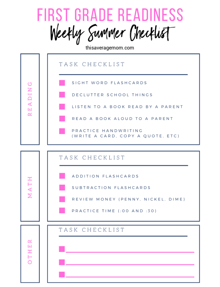 First Grade Readiness Weekly Summer Checklist Thisaveragemom