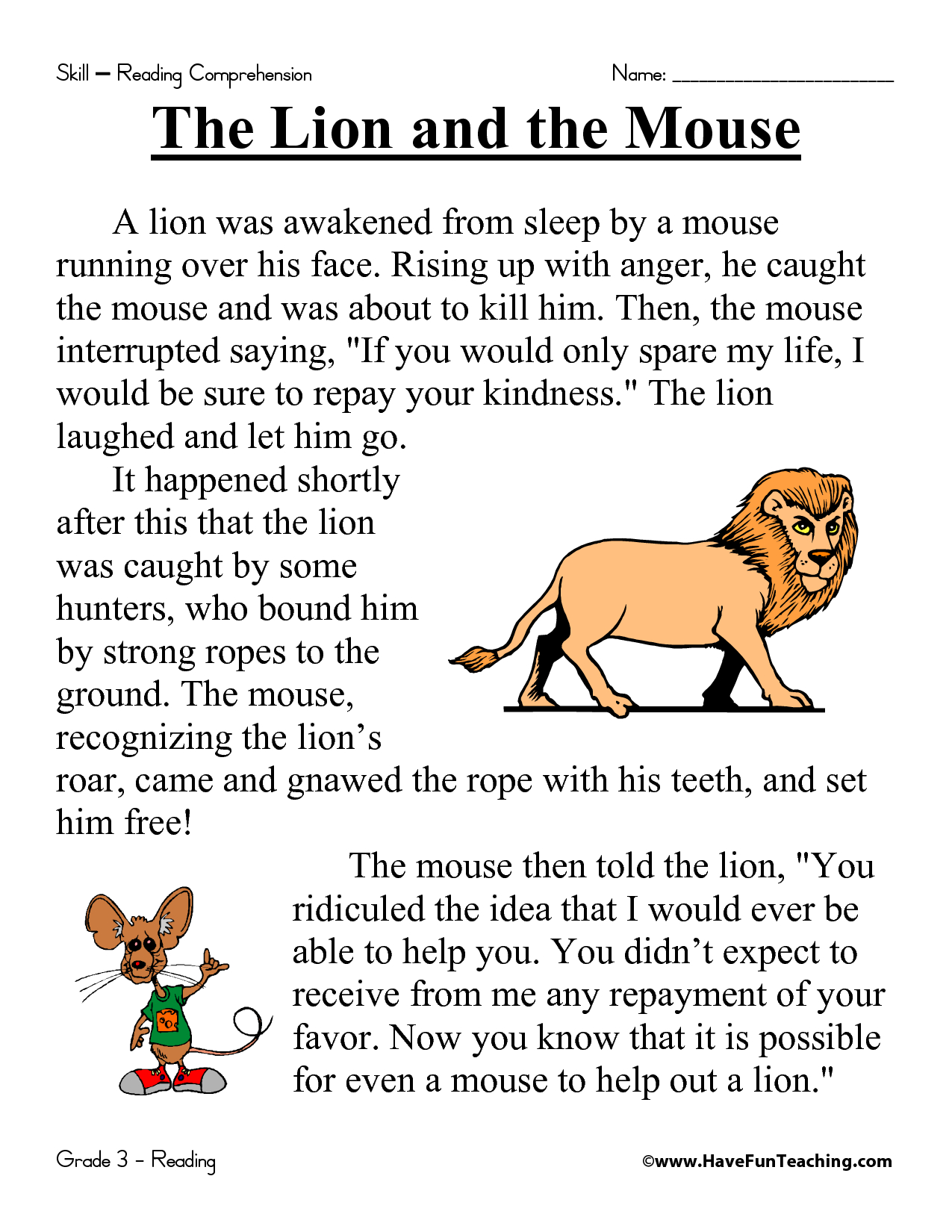 First Grade Reading Comprehension Worksheets The Lion And The Free