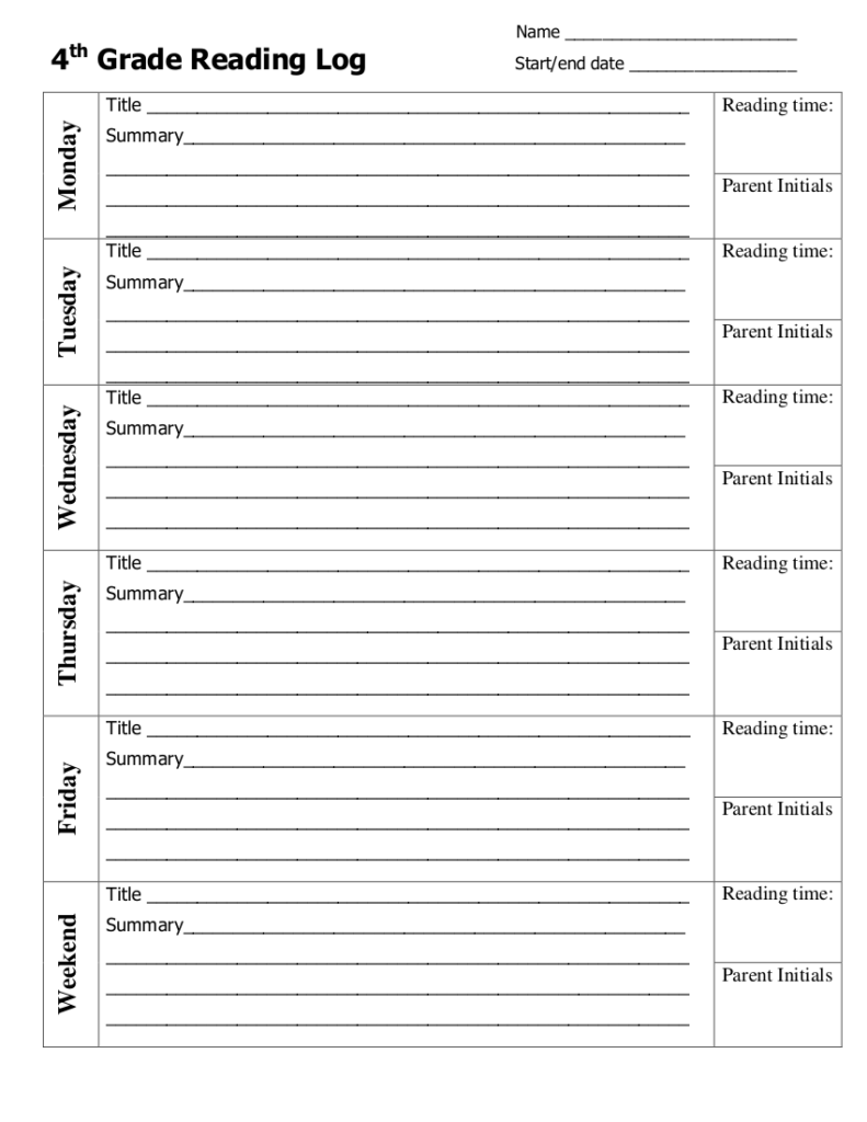 First Grade Reading Log Printable