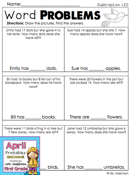 First Grade Subtraction Word Problems Spring Math Printables