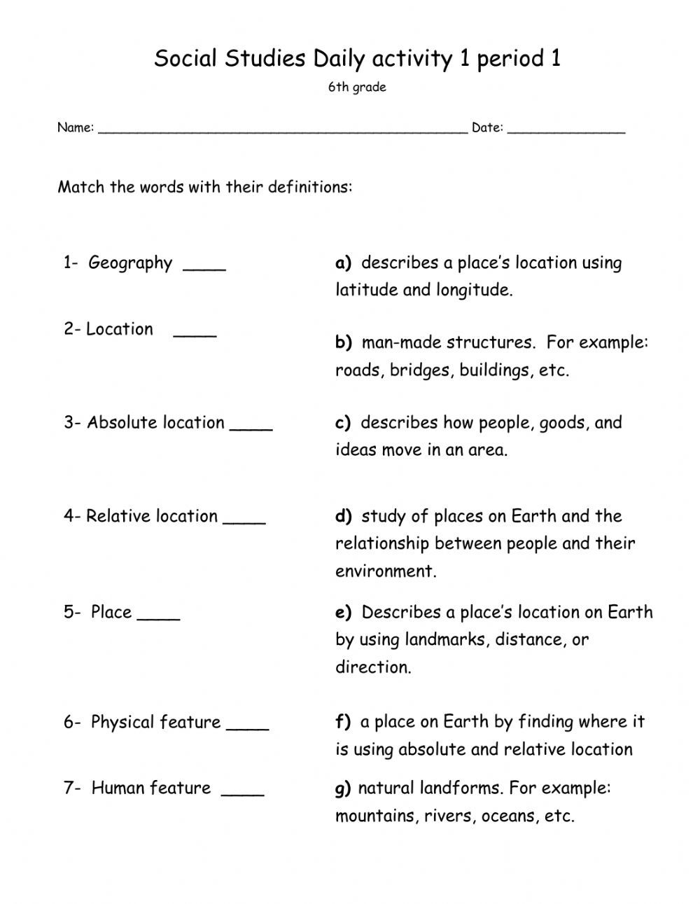 Five Themes Of Geography Worksheet