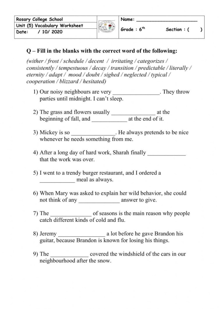 Free 6th Grade Vocabulary Worksheet PDFs Printable Worksheets