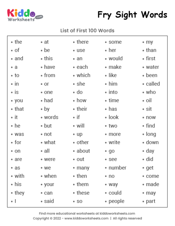 Free Printable Fry Sight Words List 1 Worksheet