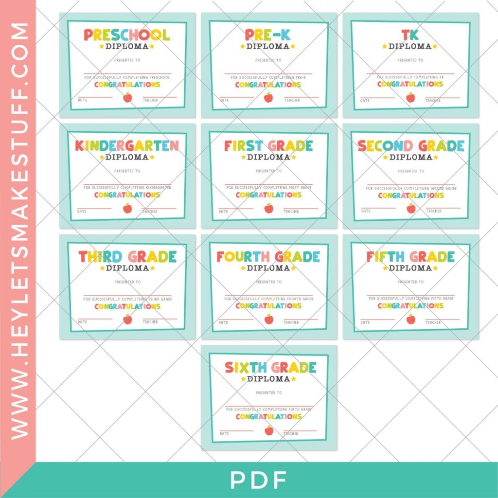 Free Printable Graduation Diploma Preschool Through 6th Grade