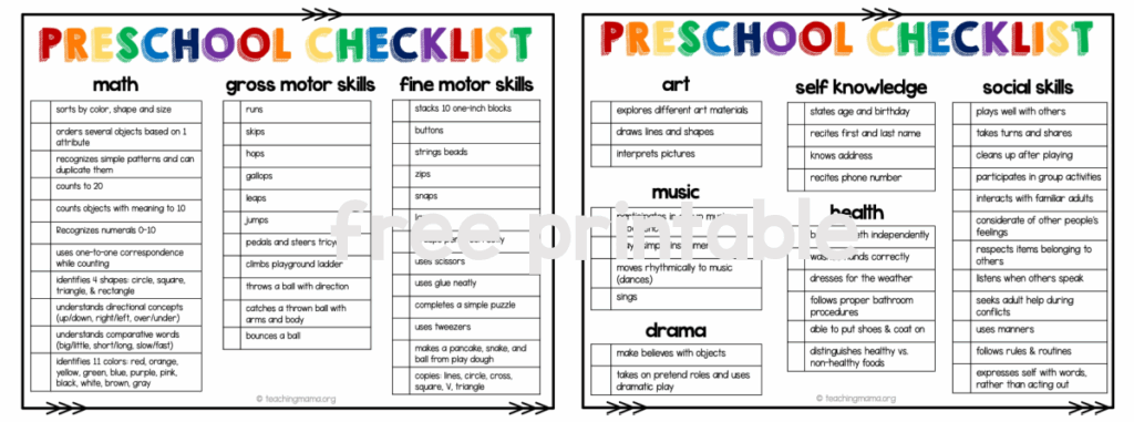 Free Printable Kindergarten Readiness Checklist
