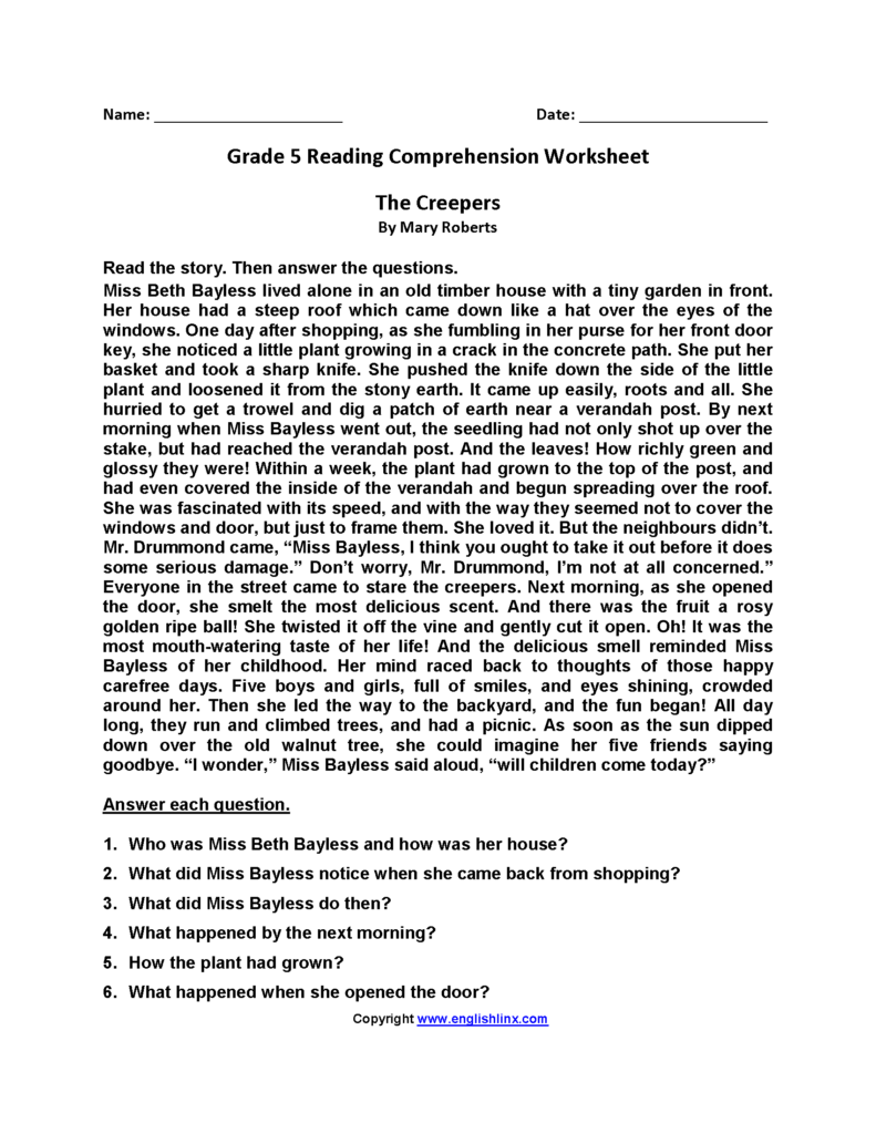 Free Printable Reading Comprehension Worksheet Grade 5 Reading 