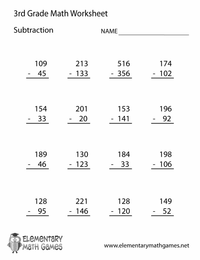 Free Printable Subtraction Worksheet For Third Grade