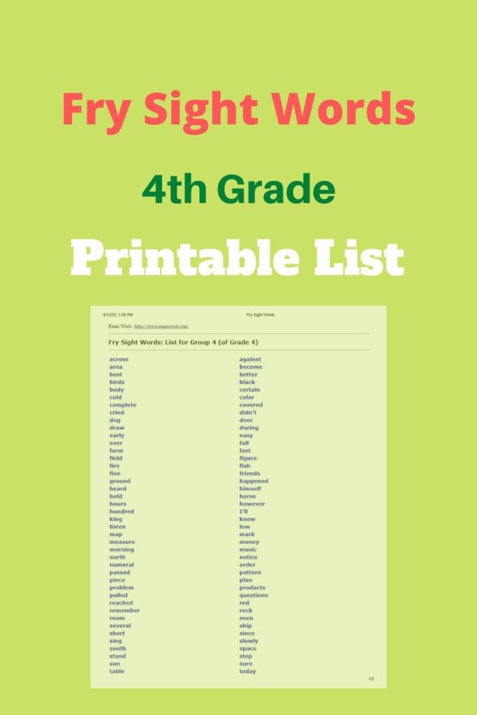 Fry Sight Words Printable List For 4th Grade Fry Sight Words Sight 