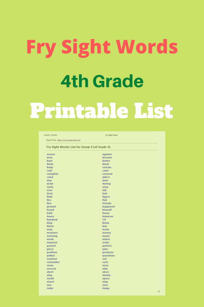 Fry Sight Words Printable List For 4th Grade Fry Sight Words Sight 