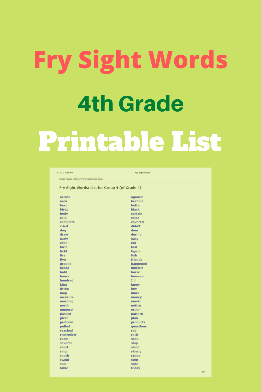 Fry Sight Words Printable List For 4th Grade Fry Sight Words Sight