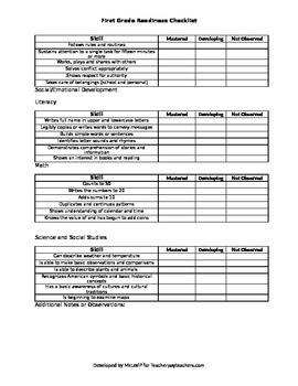 Grade 1 Readiness Checklist