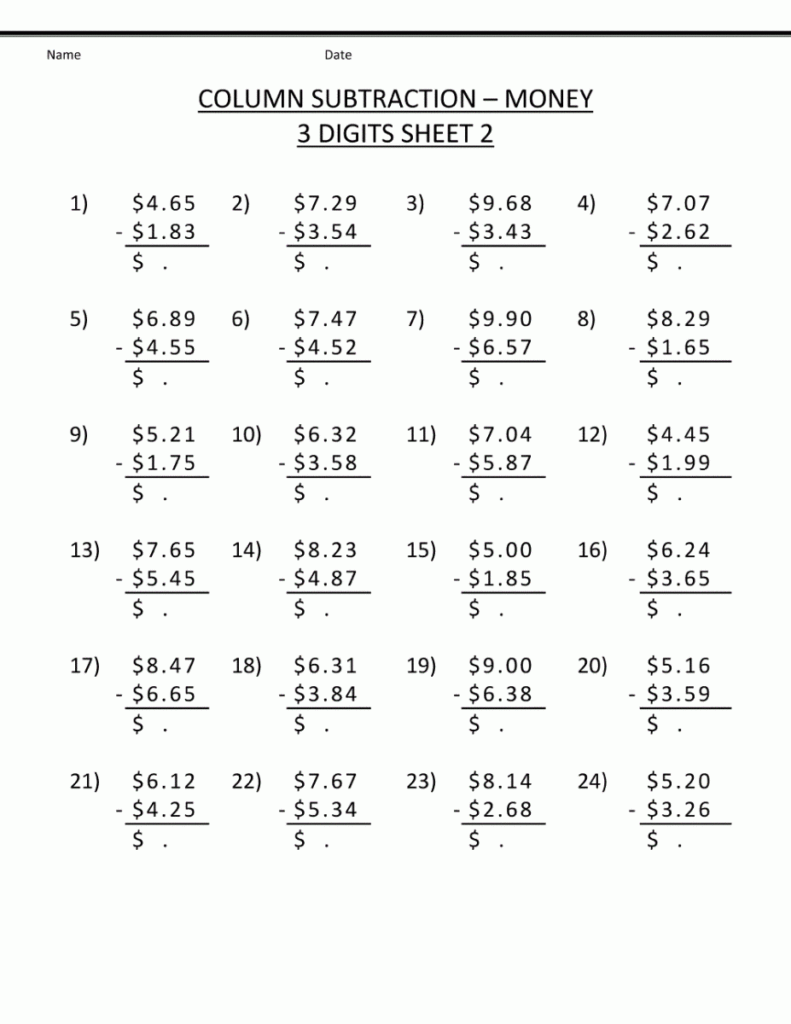 Grade 4 Math Worksheets Substraction Learning Printable