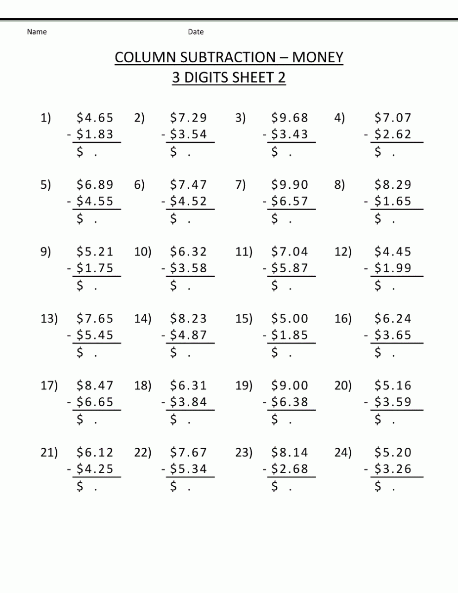Grade 4 Math Worksheets Substraction Learning Printable