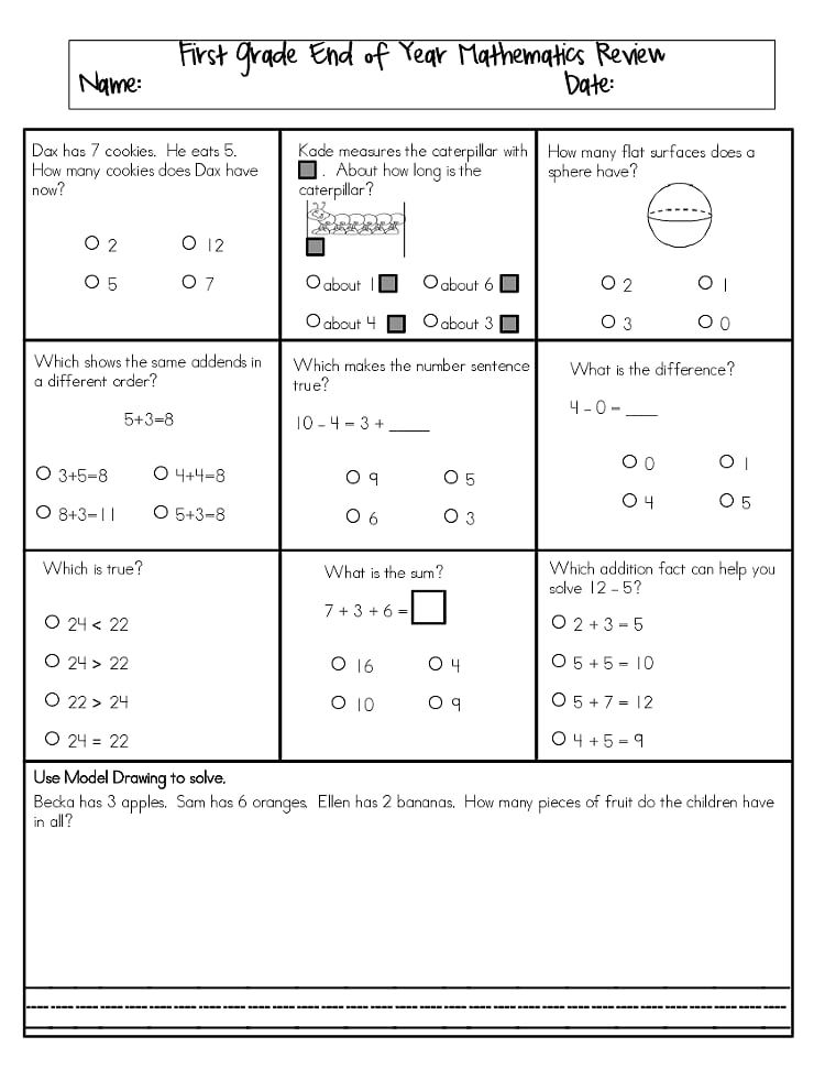 Math Grade 1 Assessment Test Worksheets