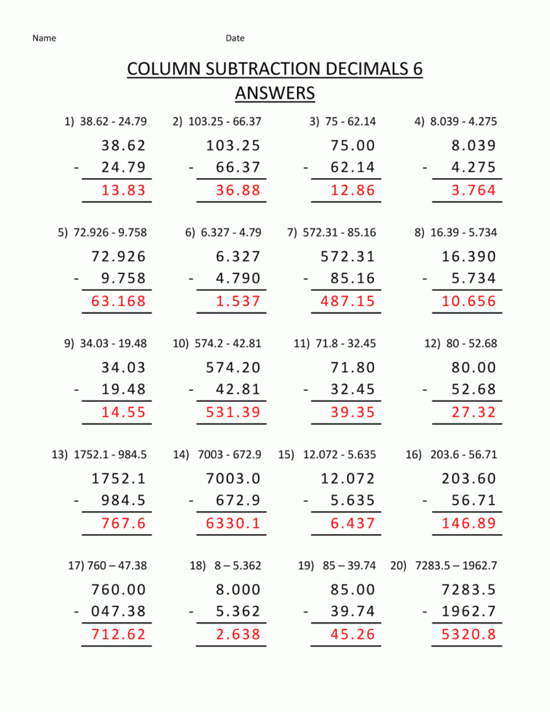 Math Worksheets Answers Learning Printable