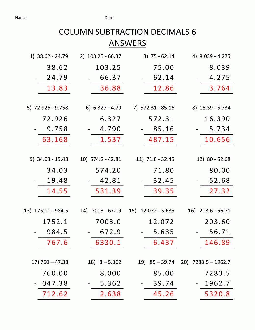Math Worksheets Answers Learning Printable