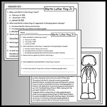 MLK Reading Comprehension Passages And Questions MLK Activities 1st 