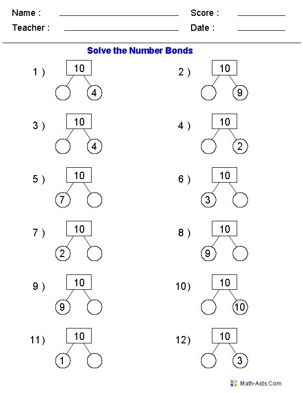 Number Bonds Missing Addends Printable Worksheets Number Bonds 2nd