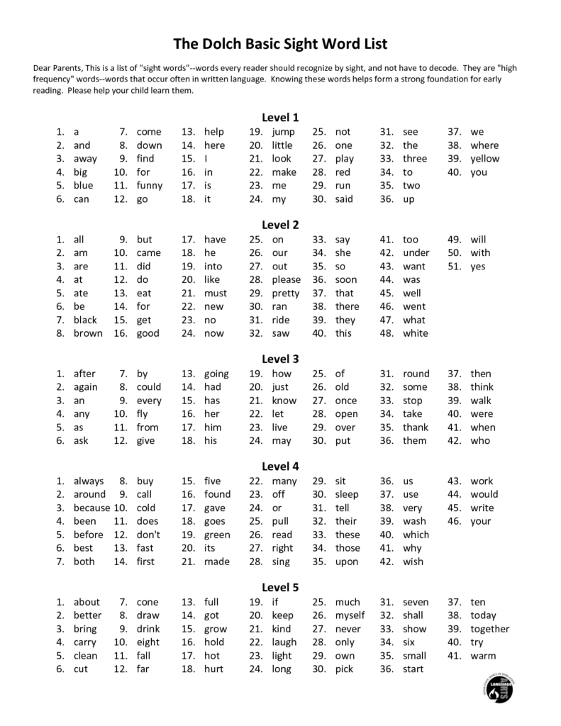 Printable Dolch Word List Dev onallcylinders