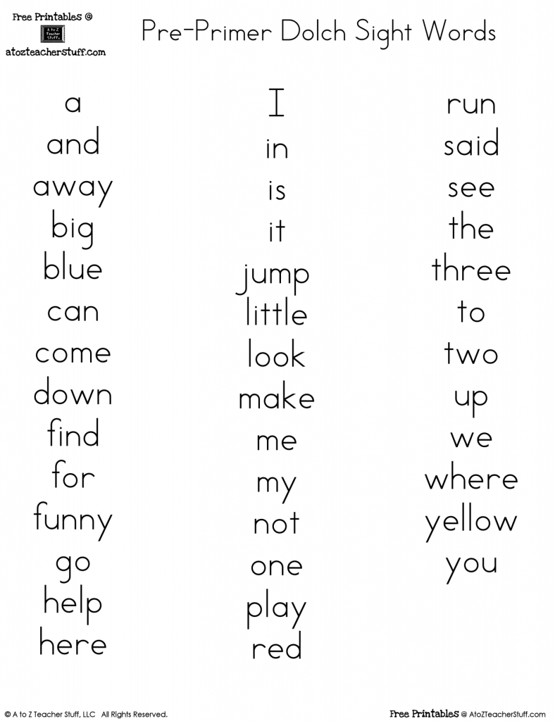 Printable Dolch Word Lists A To Z Teacher Stuff Printable Pages And 