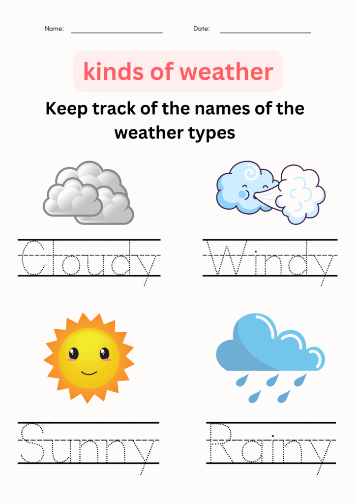 Printable Matching And Tracing Kinds Of Weather Worksheet For Grade 1 