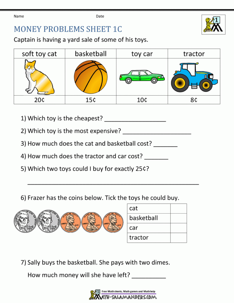 Printable Money Worksheets First Grade Printable Online