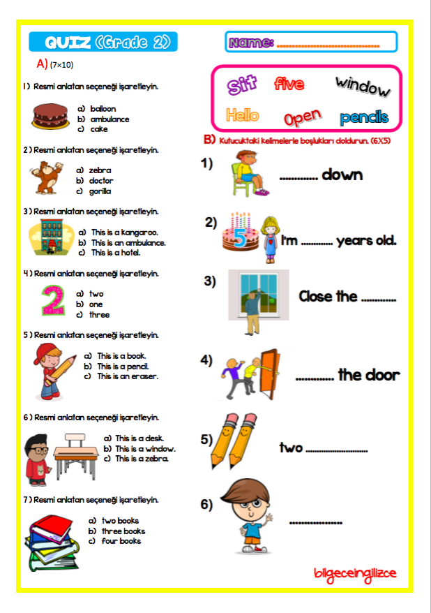Second Grade Exams 2 sinif Ingilizce Sinav Bilgeceingilizce