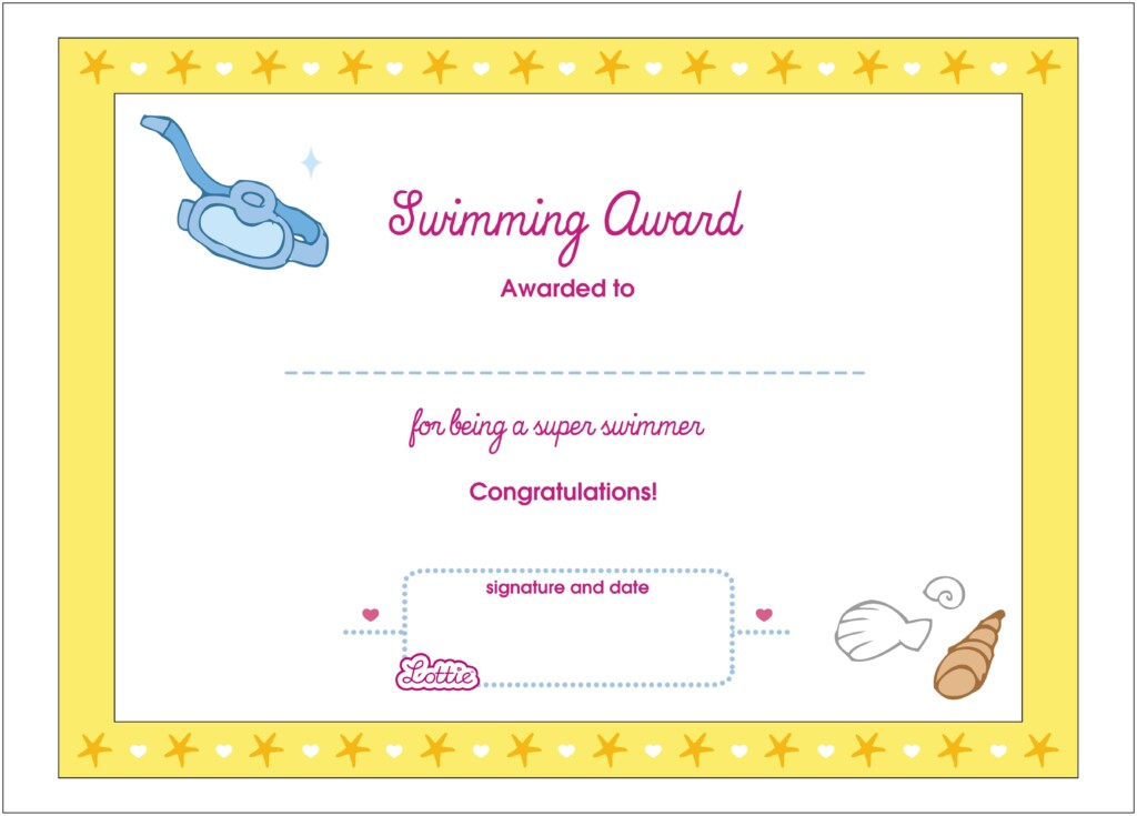 Swimming Printable Award Certificate Lottie Dolls