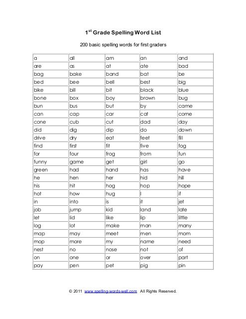 The 1st Grade Spelling Word List Is Shown In This Printable Worksheet 