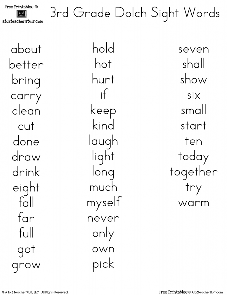 Third Grade Dolch Sight Word Printables A To Z Teacher Stuff 