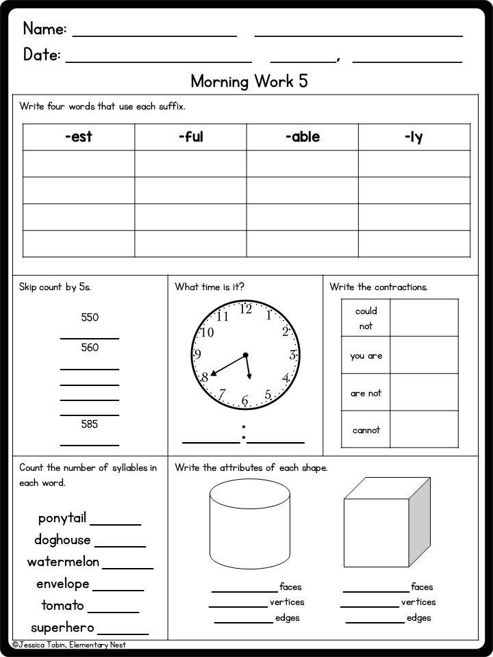 Third Grade Morning Work 1st Quarter Elementary Nest