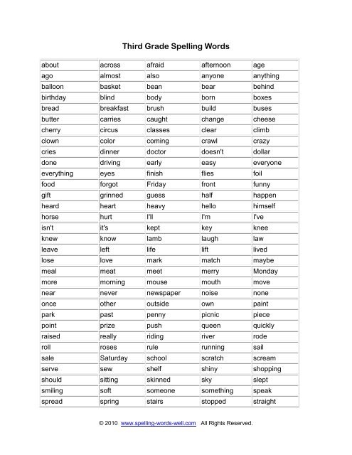 Third Grade Spelling Words