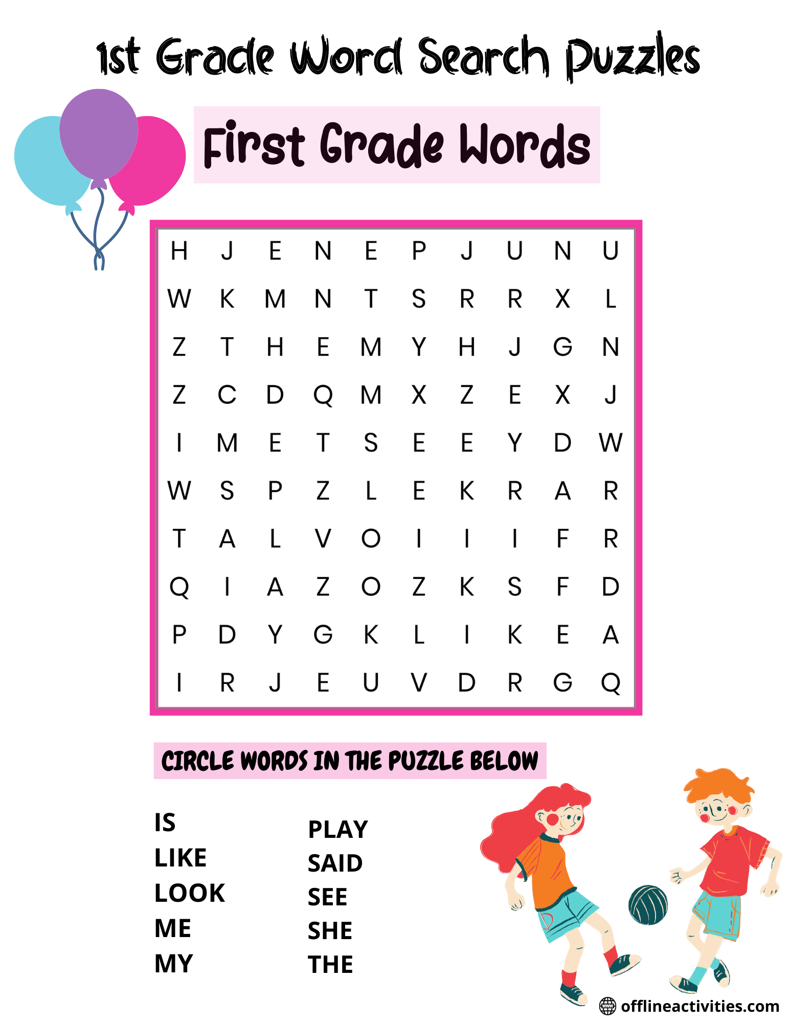 Word Search Printable First Grade Words Offline Activities
